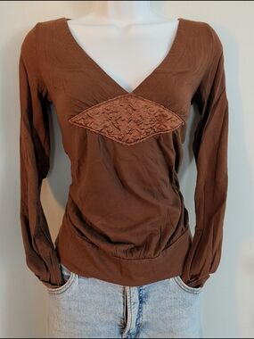 Fossil V-Neck Long Sleeve Top with Embroidered Detail